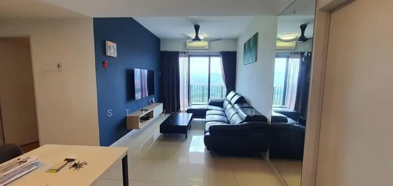 Living features: black leather sectional sofa, flat-screen TV mounted on wall, light wood TV console, black coffee table, white walls, blue accent wall, floor-to-ceiling windows, curtains in dark purple, ceiling fan with light, tile flooring; style: modern; view: city.