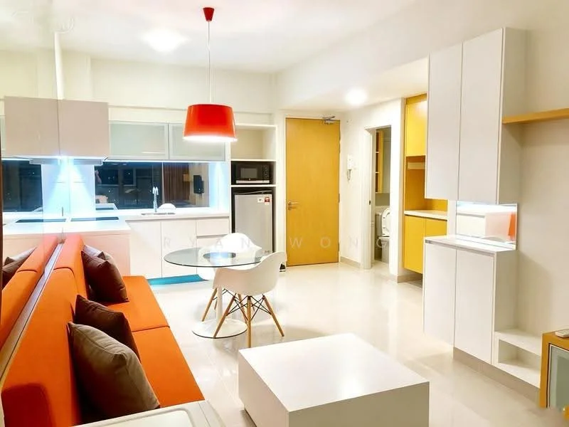 Living features: orange fabric sofa with cushions, white coffee table, dining table with white surface and chrome legs, 4 white dining chairs, pendant light with red shade, white cabinetry, yellow cabinetry, stainless-steel fridge, built-in oven, microwave, window with city view, white tiled flooring, recessed ceiling lights; style: modern; view: city. Kitchen features: white countertops, stainless-steel sink, chrome faucet, open shelving, built-in appliances; style: modern.