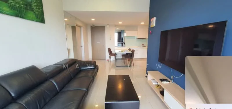 Living features: 3-seater leather sofa in black, coffee table, wall-mounted TV, TV console, area rug, painted accent wall in blue, framed artwork on wall, recessed downlights, floor-to-ceiling windows, open layout to dining area and kitchen; style: modern. Dining features: 4-seater dining table, upholstered dining chairs, open layout to living area, natural light from windows; style: modern. Kitchen features: white cabinetry, stainless-steel appliances, open layout to dining area, countertop with bar seating, built-in microwave, freestanding range oven; style: modern.