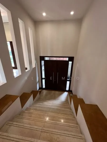 Room features: marble flooring, wooden staircase, double wooden doors, white painted walls, recessed ceiling lights, large windows, staircase with wooden handrail, natural light from windows; style: modern.