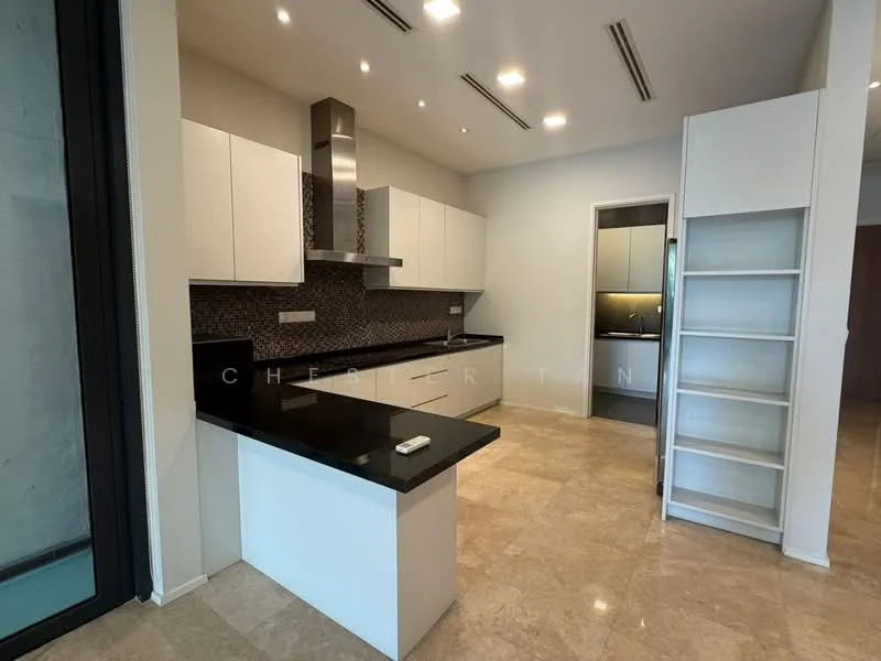 Kitchen features: black granite countertop, white flat-panel cabinets, stainless-steel range hood, built-in oven, ceramic tile backsplash, marble tile flooring, recessed LED downlights, open shelving, kitchen island, single-bowl stainless-steel sink, chrome pull-down faucet; style: modern.
