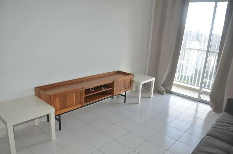 Living features: white painted walls, white tiled flooring, large sliding glass door, floor-to-ceiling windows, curtains, wooden TV console, two white side tables, grey fabric sofa; style: modern; view: city.