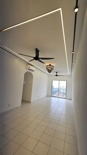 Living features: white painted walls, tile flooring, 5-blade ceiling fan with integrated LED light, chandelier, recessed LED strip lighting, sliding glass door, floor-to-ceiling windows, balcony view; style: modern; view: city.