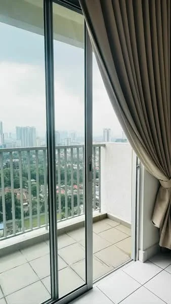 Room features: sliding glass door, floor-to-ceiling windows, curtains, tile flooring, balcony, city view; style: modern; view: city.