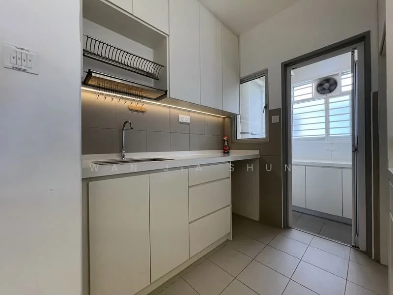 Kitchen features: white cabinetry, grey tiled backsplash, single-bowl stainless-steel sink, chrome pull-down faucet, built-in oven, stainless-steel range hood, countertop with under-cabinet lighting, open shelving, ceramic tile flooring, window with sliding glass, wall-mounted fan; style: modern.