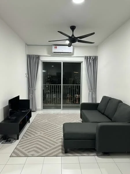 Living features: 3-seater fabric sofa in grey, coffee table, wall-mounted TV, TV console, area rug with geometric pattern, floor-to-ceiling windows, sliding glass door, curtains in grey, ceiling fan, recessed LED downlights, white painted walls, glossy tile flooring; style: modern; view: city.