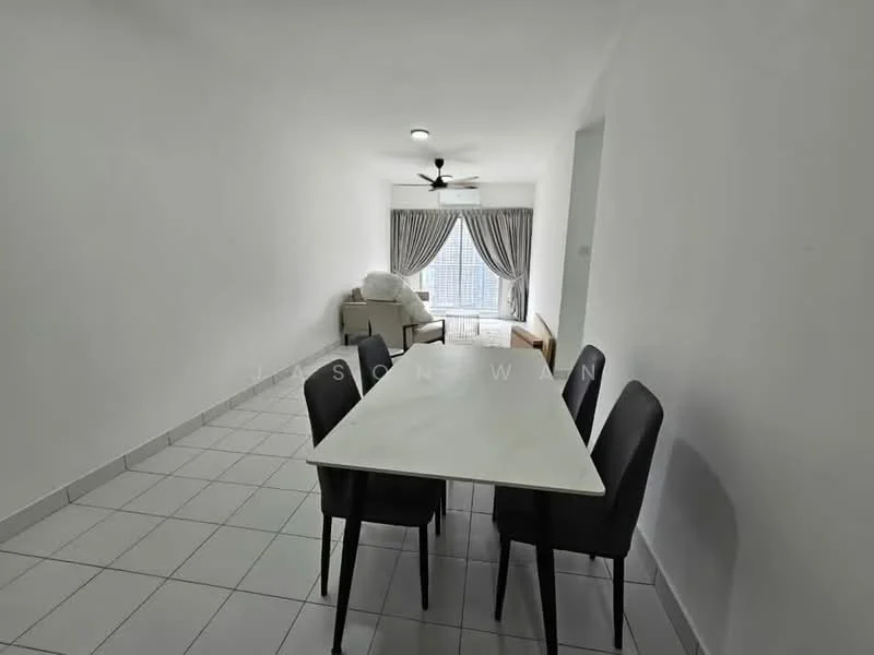 Dining features: white painted walls, white ceiling, tile flooring, 6-seater dining table with white marble top, 4 black upholstered dining chairs, 5-blade ceiling fan with light, curtains, floor-to-ceiling windows; style: modern; view: city. Living features: white painted walls, tile flooring, sofa, coffee table, floor-to-ceiling windows, curtains; style: modern; view: city.