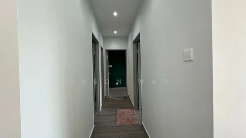 Hallway features: light grey painted walls, laminate flooring, recessed LED downlights, door frames, carpet runner, multiple doorways; style: modern.