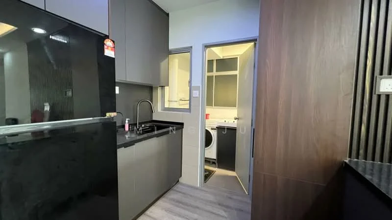 Kitchen features: black granite countertop, grey cabinetry, stainless-steel sink, chrome pull-down faucet, built-in oven, stainless-steel refrigerator, ceramic tile flooring, recessed downlights, open shelving, washing machine in adjacent utility room, doorway to utility room; style: modern. Utility features: ceramic tile flooring, built-in cabinets, washing machine, countertop, grey cabinetry; style: modern.