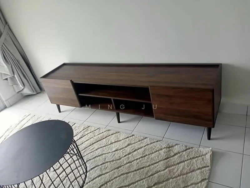 Room features: wooden TV console with drawers, black round coffee table, light-colored area rug, white walls, curtains, tiled flooring; style: modern.