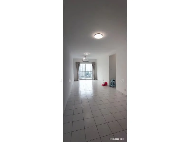 Living features: white painted walls, white ceiling, recessed ceiling light, 5-blade ceiling fan, large sliding glass door, floor-to-ceiling windows, tiled flooring, curtains, balcony view; style: modern; view: city.