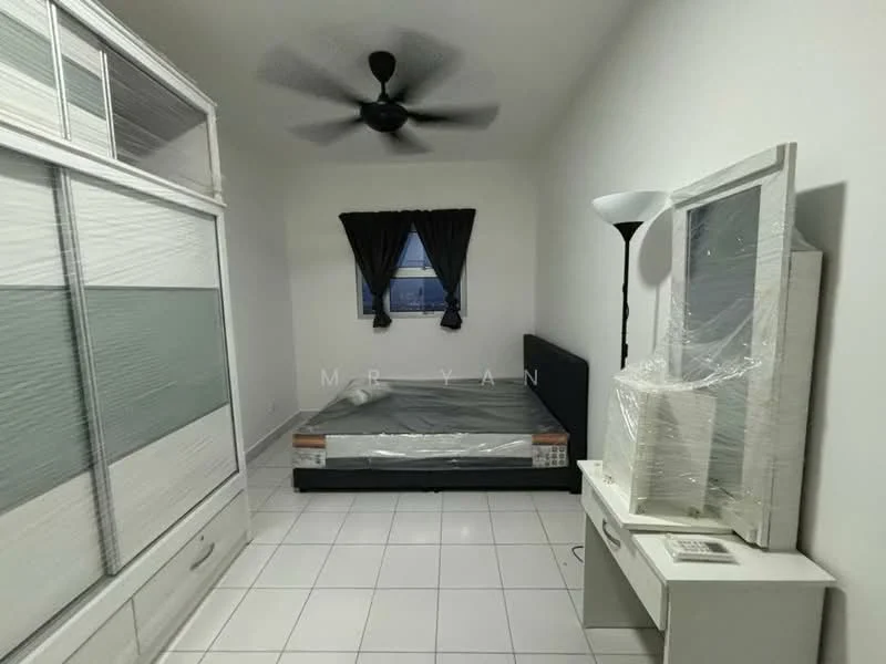 Bedroom features: white painted walls, sloped ceiling, ceiling fan, window with dark curtains, queen-size bed frame, mattress on bed frame, white bedside table, white dresser with mirror, lampshade floor lamp, tile flooring; style: modern.