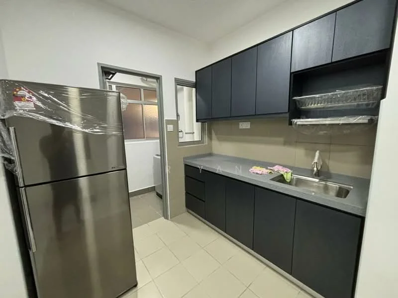 Kitchen features: stainless-steel fridge, grey laminate countertop, dark blue cabinetry, single-bowl stainless-steel sink, chrome pull-down faucet, wall-mounted upper cabinets, open shelving, tile flooring, window with frosted glass, light switch, kitchen accessories on countertop; style: modern.