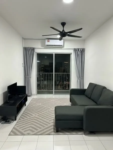 Living features: 3-seater fabric sofa in grey, coffee table, wall-mounted TV, area rug with geometric pattern, floor-to-ceiling sliding glass door, sheer curtains, 5-blade ceiling fan, wall-mounted split AC, white painted walls, glossy tile flooring, balcony view; style: modern; view: city.