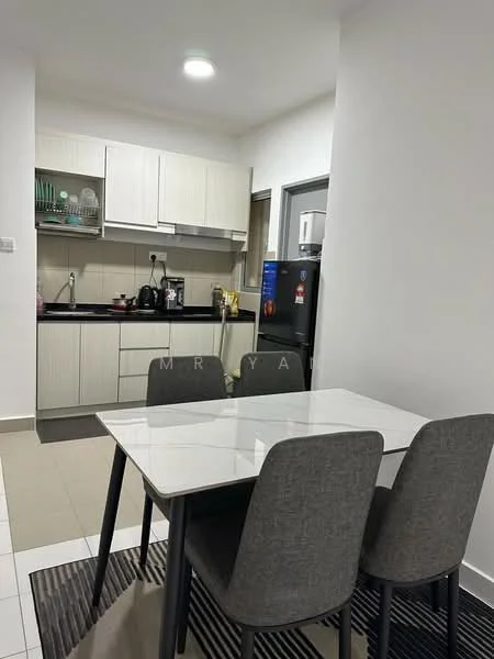 Kitchen features: white cabinets, black countertop, stainless-steel sink, chrome pull-down faucet, built-in oven, freestanding range oven, microwave, stainless-steel fridge, ceramic tile flooring, recessed downlights, open shelving, dining table with four grey chairs, kitchen utensils visible; style: modern.