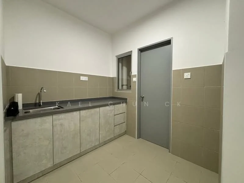 Kitchen features: grey laminate cabinetry, concrete-style countertop, single-bowl stainless-steel sink, chrome faucet, wall-mounted cabinets, tile backsplash, light beige wall tiles, light grey floor tiles, window above sink, door leading to another room; style: modern.
