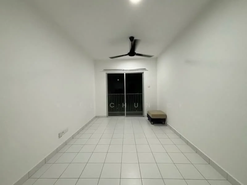 Living features: white painted walls, tile flooring, 5-blade ceiling fan, sliding glass door, balcony access, neutral decor, natural light from windows, minimalist design; style: modern.