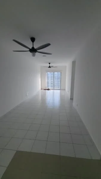 Living features: white painted walls, glossy white tile flooring, 2 ceiling fans, floor-to-ceiling windows, sliding glass door, natural light, open layout, neutral color scheme; style: modern; view: city.