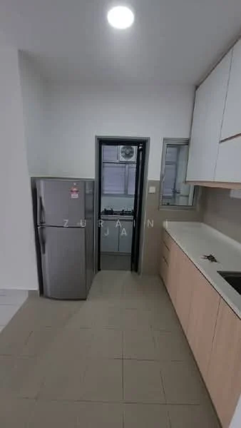 Kitchen features: stainless-steel fridge, white cabinetry, light wood lower cabinets, white countertop, single-bowl stainless-steel sink, chrome pull-down faucet, wall-mounted window, tile flooring, recessed ceiling light; style: modern.