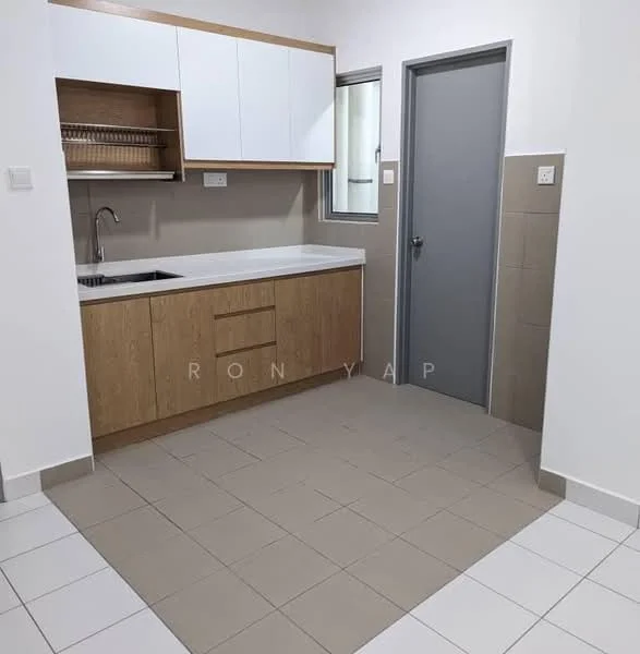 Kitchen features: white upper cabinets, wood lower cabinets, single-bowl stainless-steel sink, chrome pull-down faucet, white countertop, tile backsplash, ceramic tile flooring, window above sink, neutral wall colour, grey door, built-in shelving above sink; style: modern.