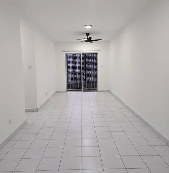 Living features: white painted walls, ceramic tile flooring, 5-blade ceiling fan with light, sliding glass door, floor-to-ceiling windows, natural light from windows, neutral color scheme, open layout; style: modern.