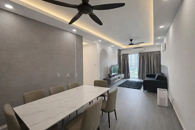 Living features: grey accent wall, white painted walls, marble dining table, upholstered dining chairs, 3-blade ceiling fan, sofa in dark grey, area rug in black, TV console, wall-mounted TV, floor-to-ceiling windows with curtains, recessed LED downlights; style: modern; view: city.