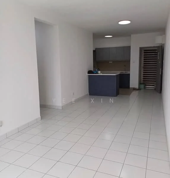 Living features: white painted walls, ceramic tile flooring, recessed downlights, open layout, kitchen area visible, sliding glass door, neutral color scheme, no visible furniture; style: modern.