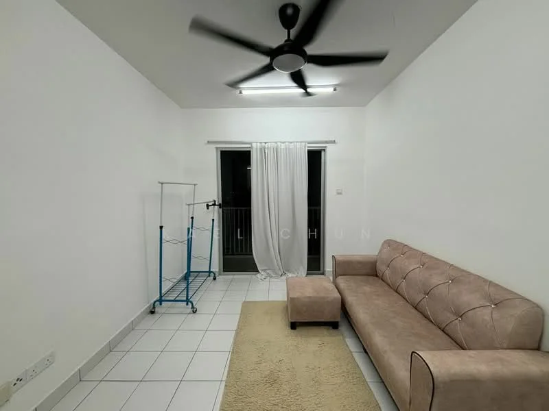 Living features: beige fabric sofa, 3-seater sofa, area rug with solid pattern, white painted walls, white ceiling, ceiling fan, LED ceiling lights, sliding glass door, curtains, tile flooring, clothes rack, balcony view; style: modern.