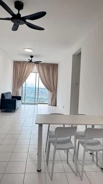 Living features: white painted walls, tile flooring, 5-blade ceiling fan, 2-blade ceiling fan, floor-to-ceiling windows, curtains in beige, black fabric sofa, dining table with 4 white chairs, balcony view, natural light; style: modern; view: city.