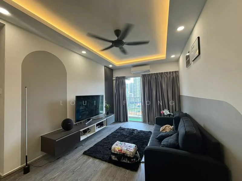 Living features: 3-seater fabric sofa in dark grey, black area rug, wall-mounted TV, TV console with storage, floor-to-ceiling windows, curtains, 5-blade ceiling fan with light, recessed LED downlights, decorative wall art, light wood flooring, air conditioning unit; style: modern; view: city.