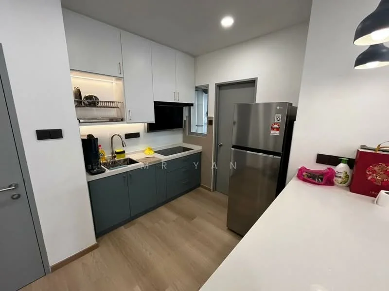 Kitchen features: white quartz countertop, grey lower cabinets, white upper cabinets, stainless-steel fridge, built-in oven, black sink, chrome pull-down faucet, open shelving, recessed downlights, wood laminate flooring, black glass backsplash, microwave, coffee machine; style: modern.