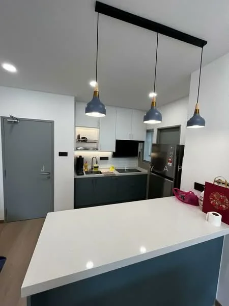 Kitchen features: white quartz countertop, blue cabinetry, stainless-steel fridge, built-in oven, 4-burner gas hob, black backsplash, pendant lighting with blue shades, open shelving, single-bowl stainless-steel sink, chrome pull-down faucet, wall-mounted cabinets, wooden flooring, recessed lighting; style: modern.