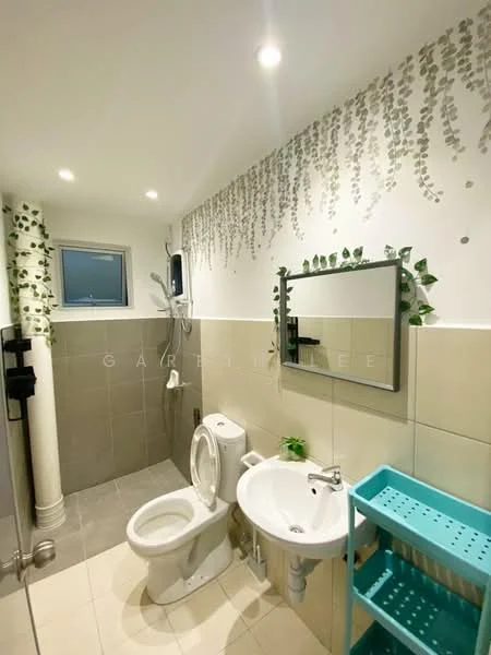 Bathroom features: white toilet, white wall-mounted sink, chrome basin mixer faucet, mirror with frame, shower with handheld shower head, tiled walls in light beige, tiled flooring in light beige, decorative wall with green leaves, window with white frame, recessed LED downlights; style: modern.