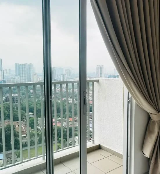 Room features: floor-to-ceiling sliding glass door, curtains, tile flooring, balcony view of city skyline; view: city.