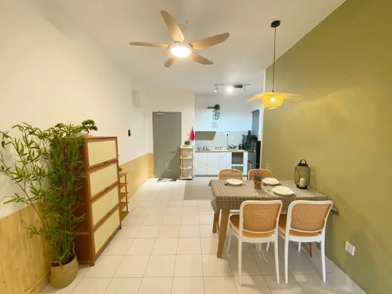 Dining features: 4-seater dining table, white dining chairs, pendant lamp, ceiling fan with light, green accent wall, white walls, tile flooring, decorative plant, wooden sideboard; style: modern. Kitchen features: white cabinetry, stainless-steel sink, built-in oven, stove with hood, countertop, open shelving, kitchen island, refrigerator; style: modern.