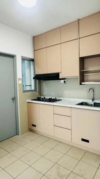 Kitchen features: light beige cabinetry, white marble countertop, stainless-steel sink, chrome pull-down faucet, built-in gas hob, black range hood, open shelving, tile flooring, wall-mounted cabinet, window above sink; style: modern.