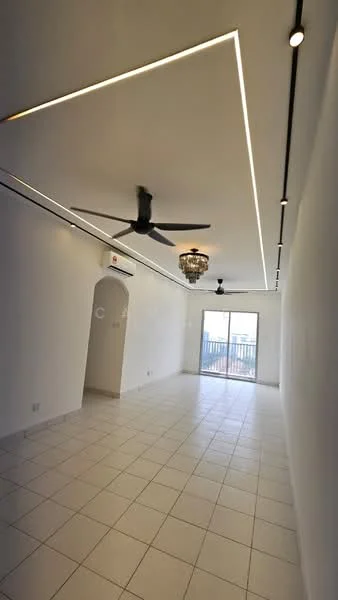 Living features: white painted walls, tile flooring, tray ceiling with recessed lighting, chandelier, 5-blade ceiling fan, sliding glass door, floor-to-ceiling windows, balcony access; style: modern; view: city.