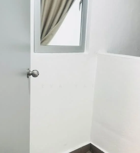 Room features: white painted walls, grey door, window with curtain, brown tiled flooring.