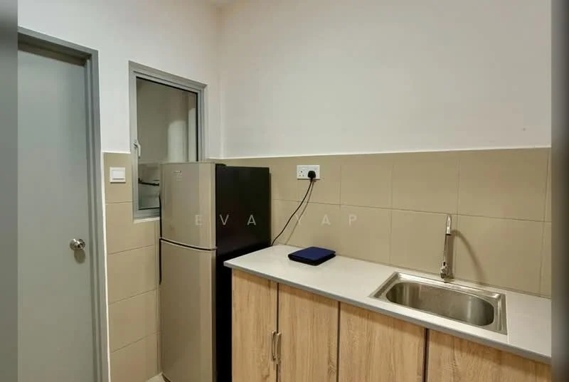 Kitchen features: single-bowl stainless-steel sink, chrome pull-down faucet, white laminate countertop, wood cabinetry, black refrigerator, light beige tiled walls, grey tiled flooring, window above sink; style: modern.