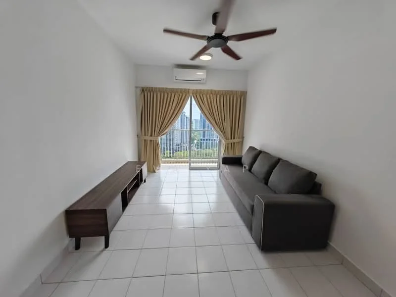 Living features: grey fabric sofa, wooden TV console, white painted walls, white tiled flooring, ceiling fan with light, floor-to-ceiling sliding glass door, curtains in beige, air conditioning unit; style: modern; view: city.
