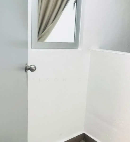 Room features: white painted walls, brown tiled flooring, grey door, small window with curtain.