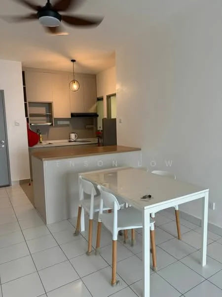 Kitchen features: white cabinetry, wood countertop, stainless-steel sink, chrome pull-down faucet, built-in oven, freestanding range oven, refrigerator, pendant light, 5-blade ceiling fan, tile flooring, open layout to dining area; style: modern. Dining features: 4-seater dining table, white table with wooden legs, plastic dining chairs, minimalist design; style: modern.