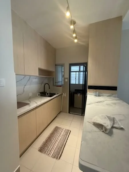 Kitchen features: light wood cabinetry, white marble countertop, single-bowl stainless-steel sink, black gooseneck faucet, ceramic tile flooring, recessed downlights, window with grid pattern, kitchen island with seating area, textured area rug; style: modern.