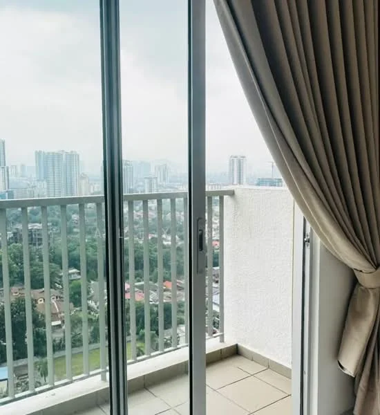 Room features: floor-to-ceiling sliding glass door, curtains, tile flooring, balcony view of city skyline; view: city.