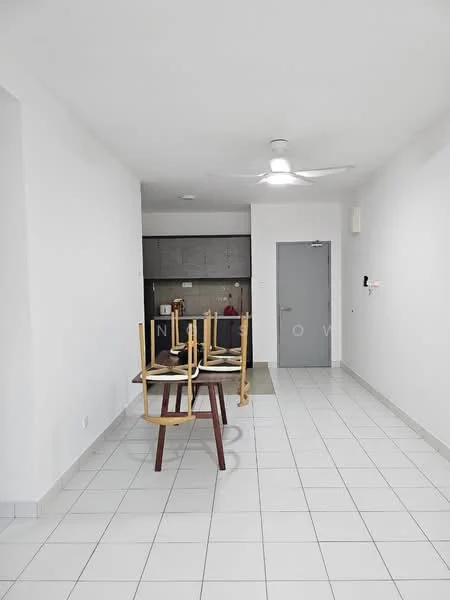 Room features: white painted walls, tile flooring, 5-blade ceiling fan, dining table with chairs, kitchen area visible in background, door to another room, light fixtures on ceiling; style: modern.
