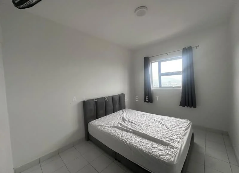 Bedroom features: queen-size bed, upholstered headboard, white painted walls, tile flooring, floor-to-ceiling window, grey curtains, ceiling light, air conditioning unit; style: modern.