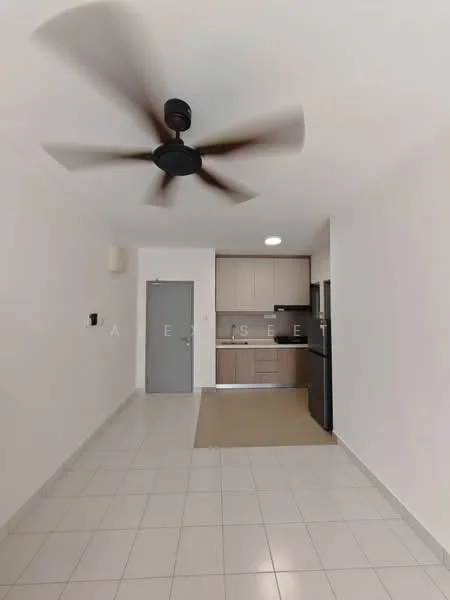 Living features: white painted walls, glossy ceramic tile flooring, 5-blade ceiling fan in black, recessed downlights, open layout, kitchen area visible, neutral color scheme, doorway leading to other rooms; style: modern.