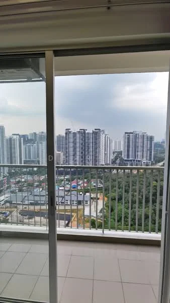 Room features: floor-to-ceiling sliding glass door, white walls, grey tiled flooring, balcony with railing, city skyline view; style: modern; view: city.