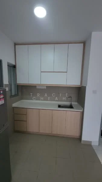 Kitchen features: white upper cabinets, wood lower cabinets, single-bowl stainless-steel sink, chrome pull-down faucet, white countertop, tile backsplash, built-in refrigerator, neutral tile flooring, recessed ceiling light; style: modern.