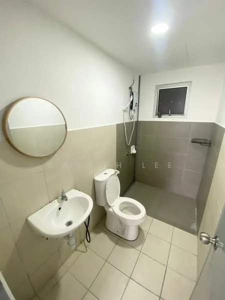 Bathroom features: white painted walls, grey tiled walls, white sink with chrome faucet, one-piece toilet, shower area with tiled flooring, mirror with wooden frame, window with privacy glass, ceiling light; style: modern.
